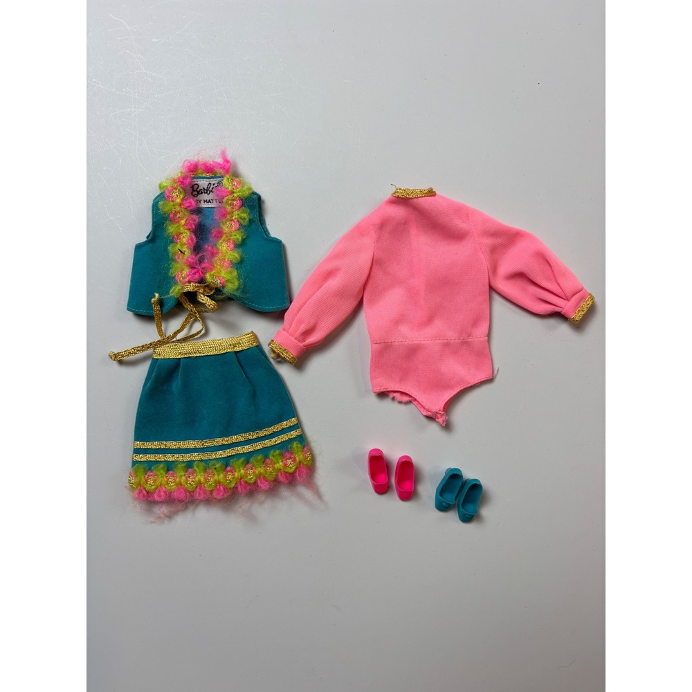 Barbie Doll Clothes Set OS Pink Teal Vintage Mod Outfit Shoes Vest Skirt Suit